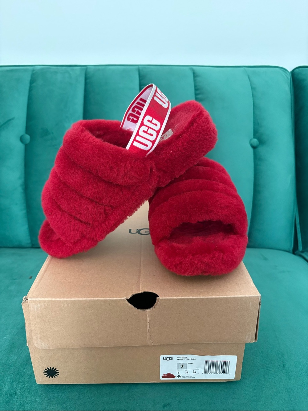 UGG Red Fluff Slide with Logo Heel Strap